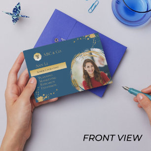 Corporate Gold & Blue, Add Photo To Custom Shape Business Card