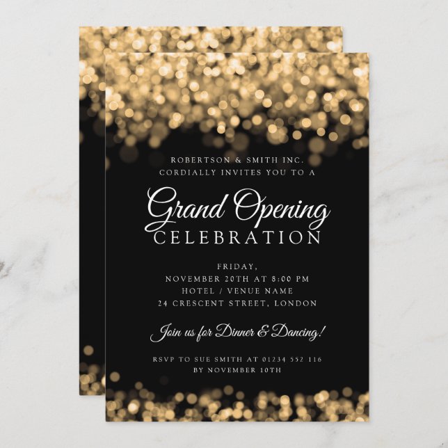 Corporate Grand Opening Gold Shimmering Lights  Invitation (Front/Back)