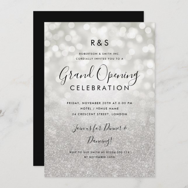 Corporate Grand Opening Silver Glitter & Lights  Invitation (Front/Back)