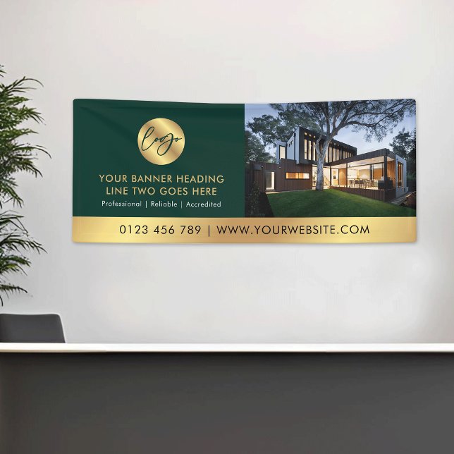 Corporate Green & Gold Logo Advert Business Photo Banner (Elegant business green & gold logo promotional photo banner *mockup background photo is Ai generated)