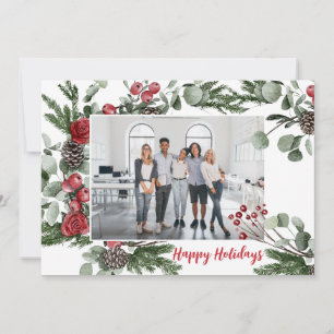 Corporate Greenery Pine Berries Photo Holiday Card
