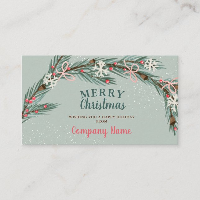 Corporate greetings Christmas green wreath snow Business Card (Front)