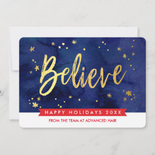 CORPORATE HOLIDAY believe script navy red gold Card