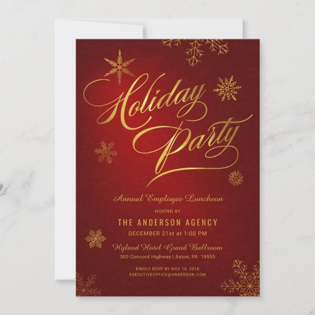 Corporate Holiday Luncheon Elegant Gold Snowflakes Card (Front)