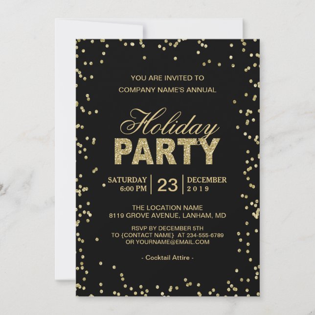 Corporate Holiday Party | Trendy Gold Glitter Dots Invitation (Front)