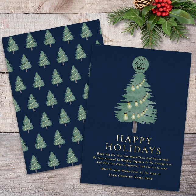 Corporate Logo Christmas Tree Blue & Gold Script (Modern corporate logo Christmas tree blue and gold script business holiday card)