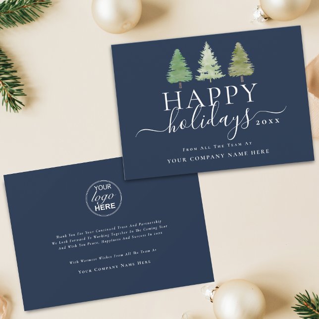 Corporate Logo Christmas Trees Elegant Script Holiday Card (Corporate logo watercolor Christmas trees elegant script blue business holiday card)