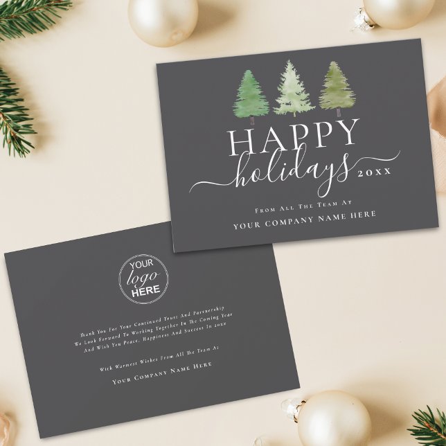 Corporate Logo Christmas Trees Elegant Script Holiday Card (Corporate logo happy holidays watercolor Christmas trees elegant script gray business holiday card)