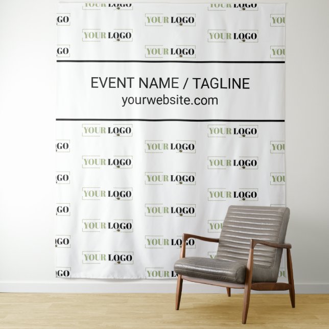 Corporate Logo Custom Text Half Drop Repeat White Tapestry (In Situ)