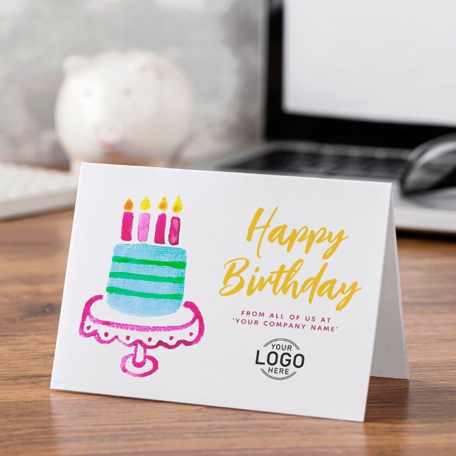 Corporate Logo Cute Pink Blue Cake Birthday Card (Creator Uploaded)