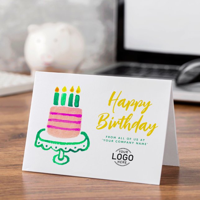 Corporate Logo Cute Pink Green Cake Birthday Card (Creator Uploaded)
