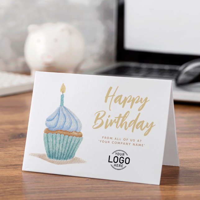 Corporate Logo Cute Soft Blue Cupcake Birthday Card (Creator Uploaded)