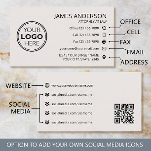 Corporate Logo Fax QR Code Professional Off-White Business Card