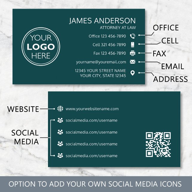 Corporate Logo Fax QR Code Professional Teal Business Card (Creator Uploaded)