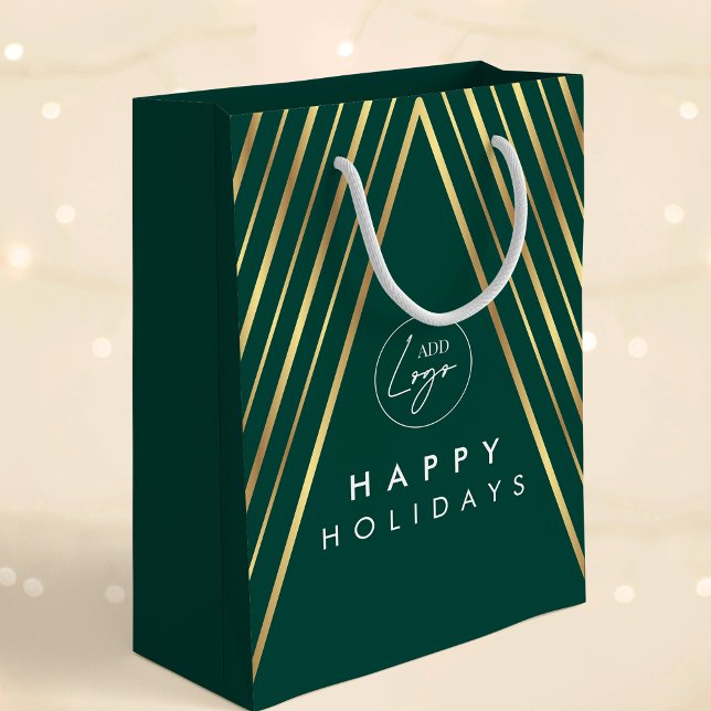 Corporate Logo Green Gold Geometric Christmas Tree Medium Gift Bag (Elegant corporate business logo green and gold effects holiday gift bag)