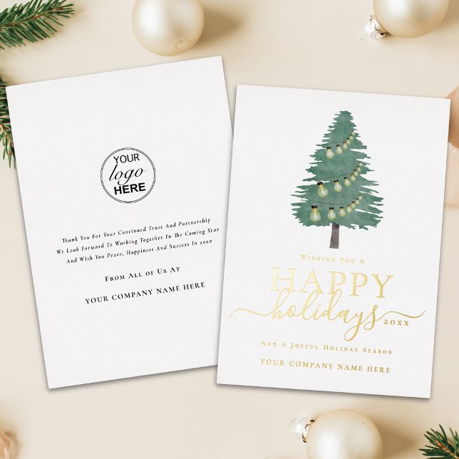 Corporate Logo Happy Holidays Christmas Tree Gold (Modern corporate logo watercolor Christmas tree white and gold foil script business holiday card)