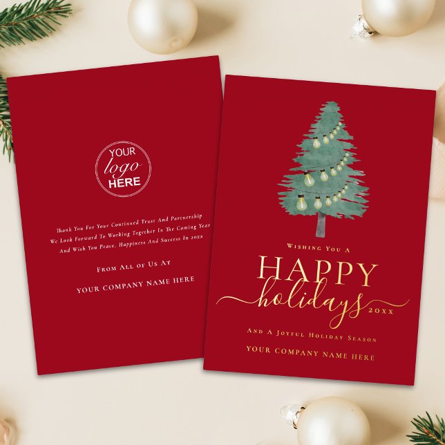 Corporate Logo Happy Holidays Christmas Tree Gold (Modern corporate logo business happy holidays red & gold foil elegant script Christmas card)