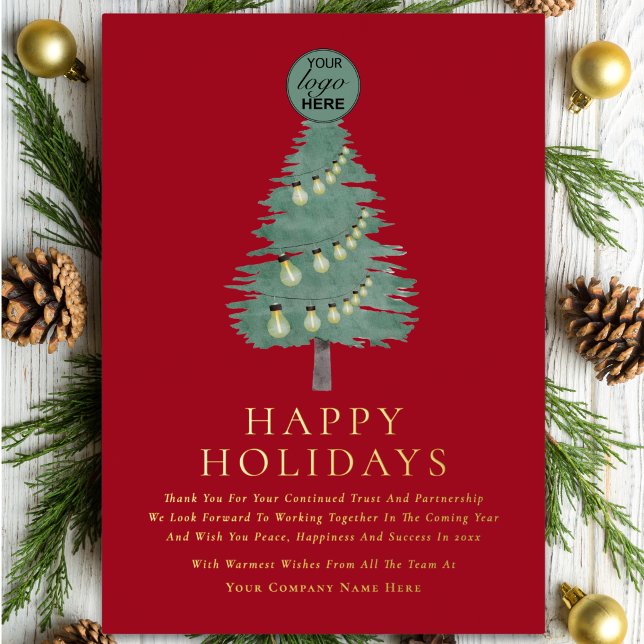 Corporate Logo Happy Holidays Christmas Tree Gold (Modern Corporate logo watercolor Christmas tree red & gold foil  business holiday card)