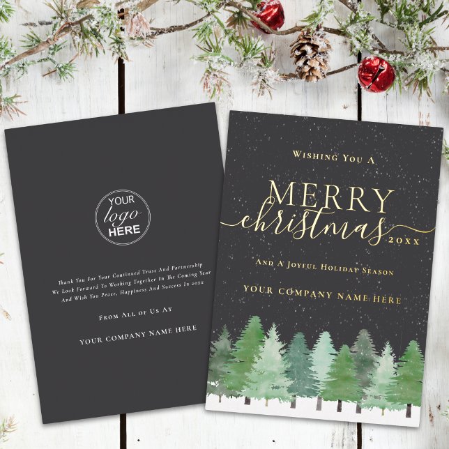 Corporate Logo Merry Christmas Tree Snow (Modern corporate logo merry Christmas snowy woodland gold foil business holiday card)