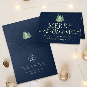 Corporate Logo Merry Christmas Trees Blue Gold Foil Greeting Card