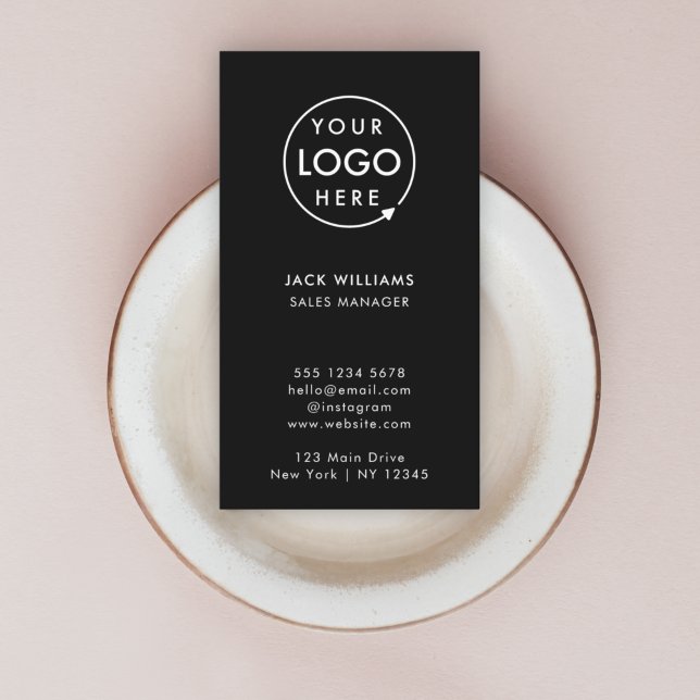 Corporate Logo | Minimalist Vertical Black Business Card (Create a sleek professional branded look with this vertical black business card design.)