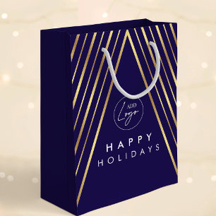Corporate Logo Navy Gold Geometric Christmas Tree Medium Gift Bag