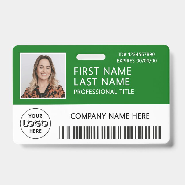Corporate Logo Photo ID Barcode Green Name Badge (Front)