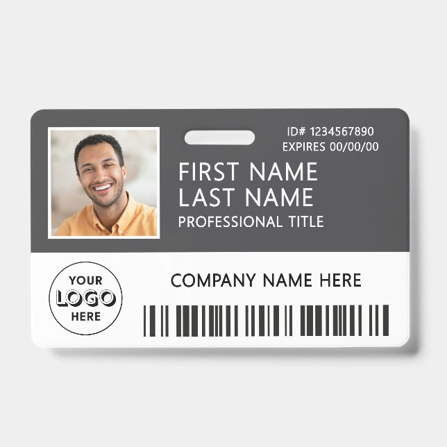 Corporate Logo Photo ID Barcode Grey Name Badge (Front)