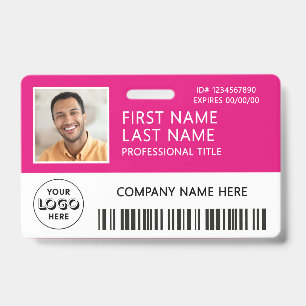 Corporate Logo Photo ID Barcode Hot Pink Name Badge