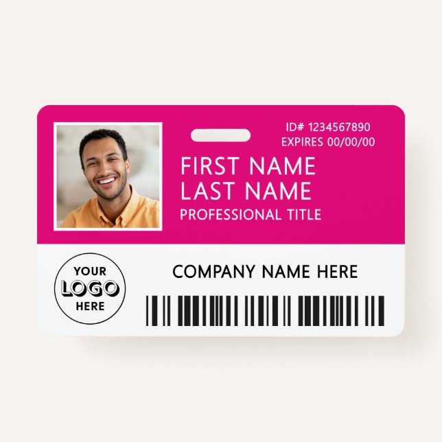 Corporate Logo Photo ID Barcode Hot Pink Name ID Badge (Front)