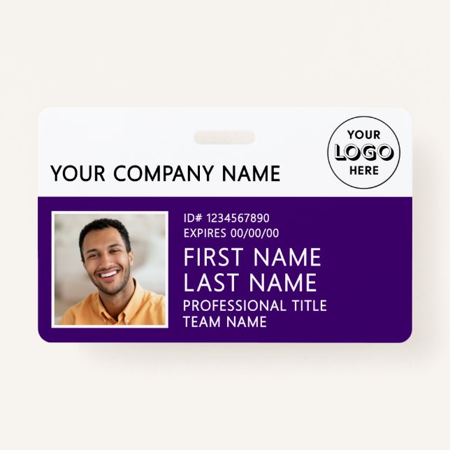 Corporate Logo Photo ID Barcode Purple Name ID Badge (Front)