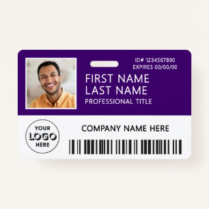 Corporate Logo Photo ID Barcode Purple Name ID Badge