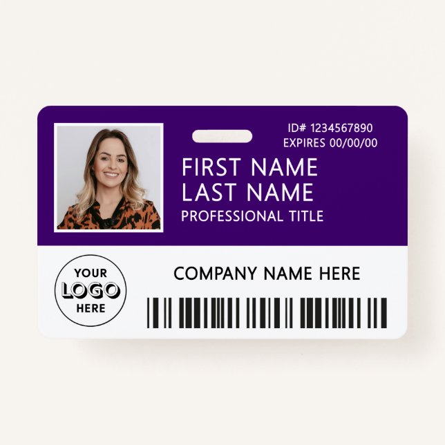 Corporate Logo Photo ID Barcode Purple Name ID Badge (Front)