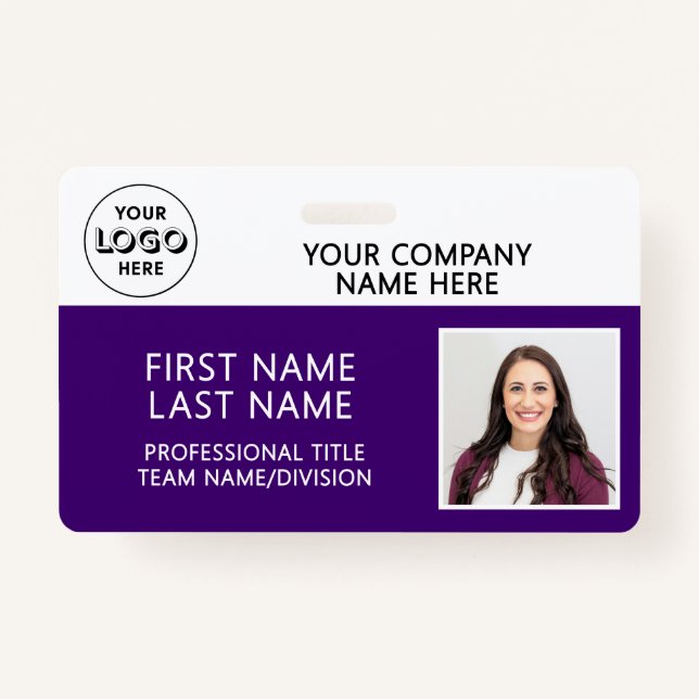 Corporate Logo Photo ID Barcode Purple Name ID Badge (Front)