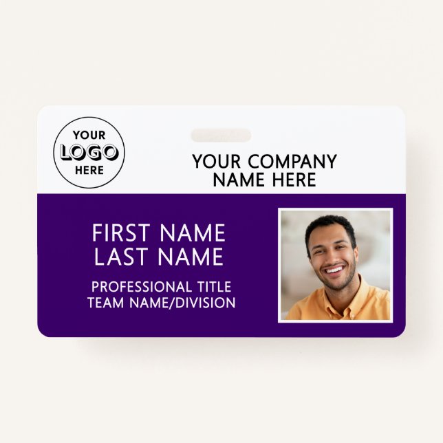 Corporate Logo Photo ID Barcode Purple Name ID Badge (Front)