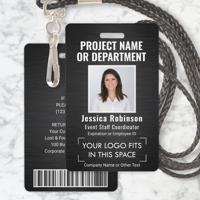 Corporate Logo Photo ID QR Barcode Brushed Black ID Badge (Creator Uploaded)