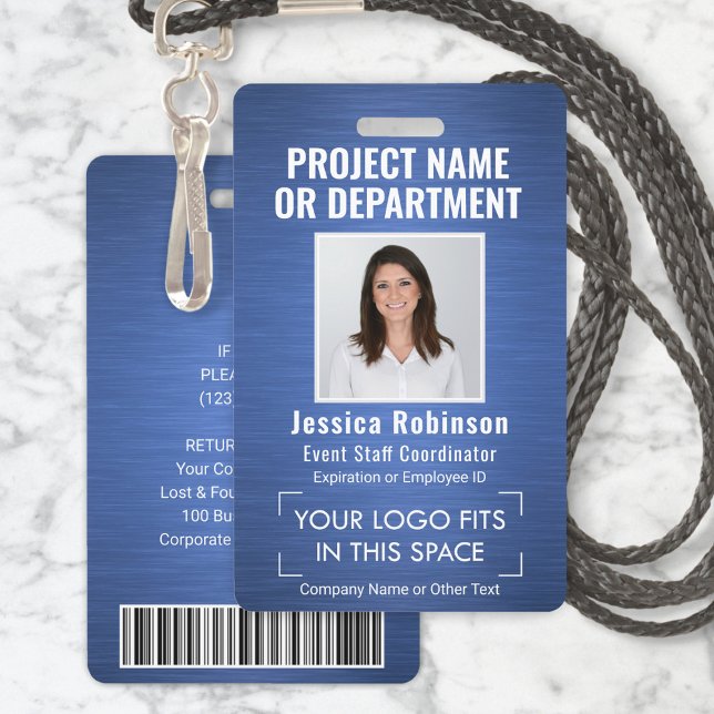 Corporate Logo Photo ID QR Barcode Brushed Blue Badge (Creator Uploaded)