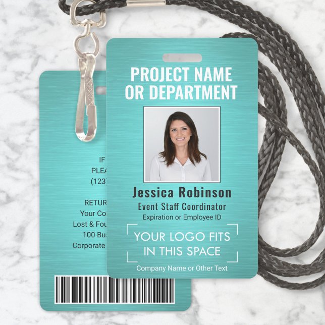 Corporate Logo Photo ID QR Barcode Brushed Teal ID Badge (Creator Uploaded)