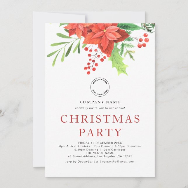 Corporate Logo Poinsettia Christmas Party  Holiday Card (Front)