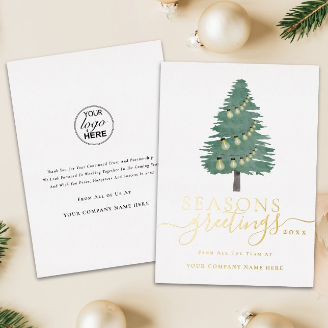 Corporate Logo Seasons Greetings Xmas Tree Gold (Modern corporate logo seasons greetings Christmas tree & lights gold foil script business holiday )