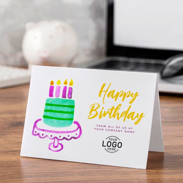 Corporate Logo Simple Cute Green Cake Birthday Card (Creator Uploaded)