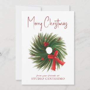 Corporate Merry Christmas Watercolor Wreath Logo Holiday Card