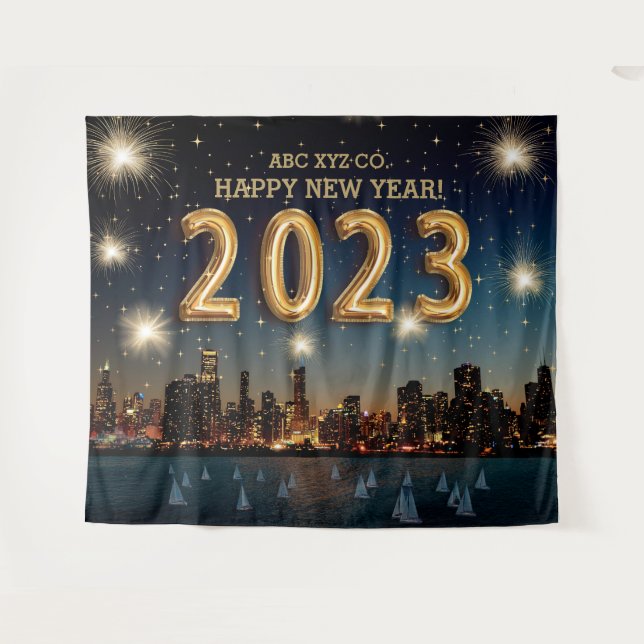Corporate New Year | City Fireworks Photo Backdrop Tapestry (Front (Horizontal))