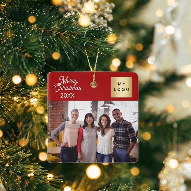 Corporate photo logo Christmas modern red Ceramic Ornament (Creator Uploaded)