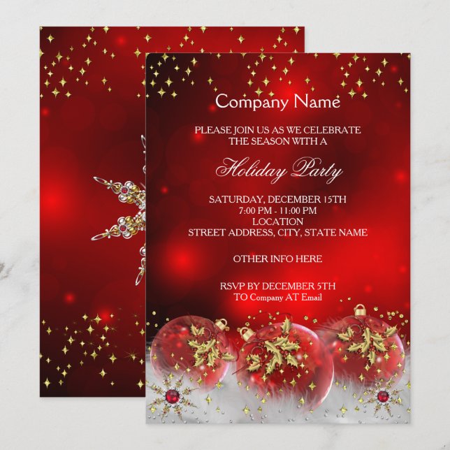 Corporate Red Gold Baubles Christmas Holiday Party Invitation (Front/Back)