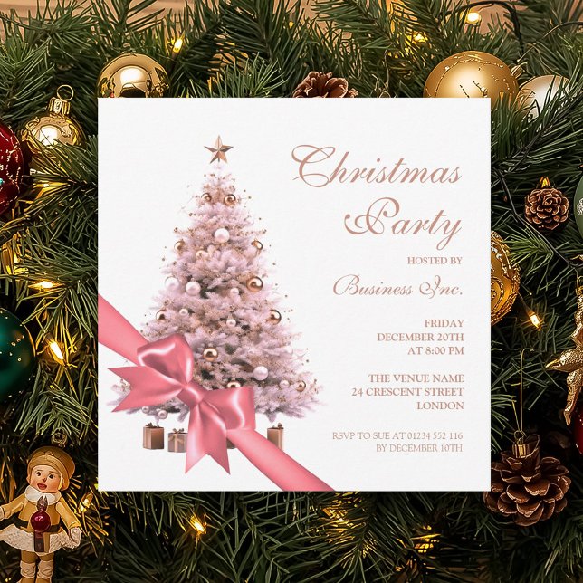 Corporate Rose Gold Christmas Tree Bow Holiday  Invitation (Corporate Rose Gold Christmas Tree Bow Holiday Invitation)