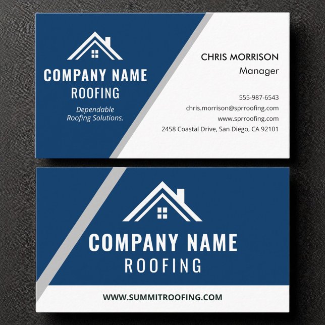 Corporate Royal Blue Silver Roofing Construction Business Card (Creator Uploaded)