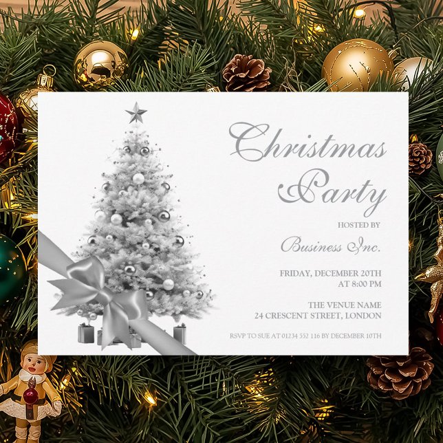 Corporate Silver Christmas Tree Bow Holiday  Invitation (Corporate Silver Christmas Tree Bow Holiday Invitation)