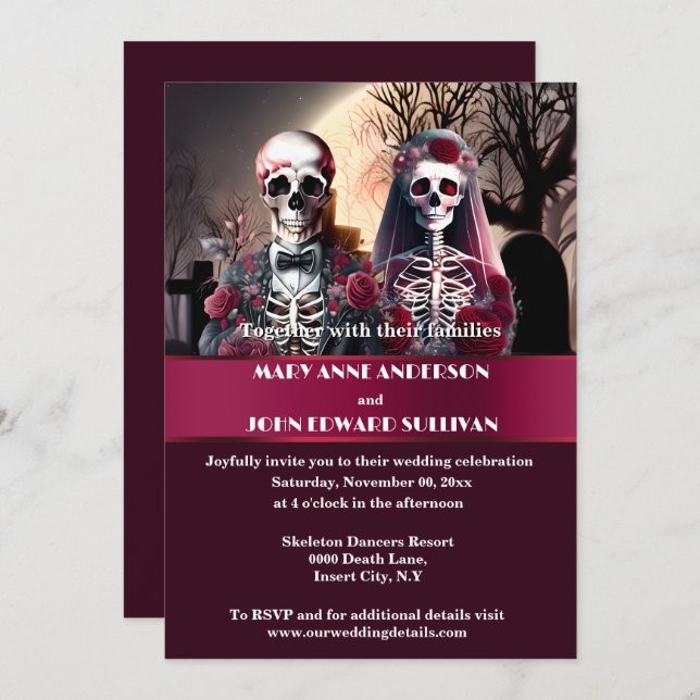Corpse bride groom burgundy rose gothic wedding invitation (Front/Back)