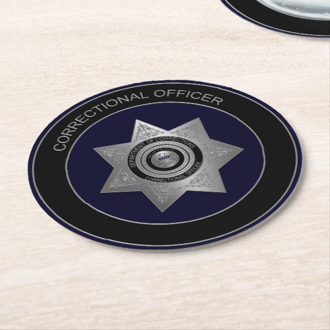 Correctional Officer Badge, Silvr-2-Round Coasters (Angled)